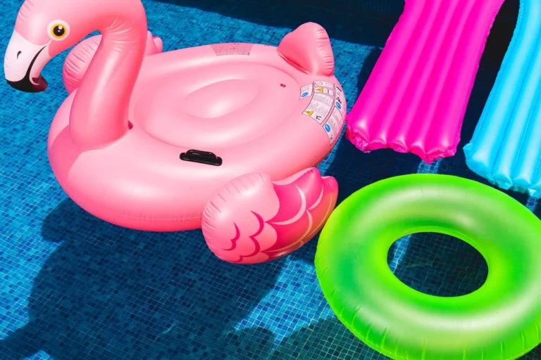 Pool floats sitting in a pool